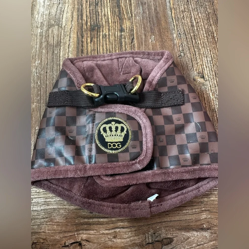 Brown Checkered Dog Harness with Crown Logo